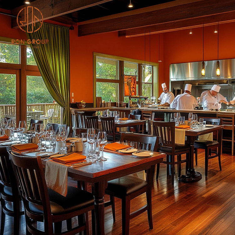 Modern Commercial  Fine Dining Dark Wood Rectangle Table and Chair Set Cafe Restaurant Furniture for Coffee Shop