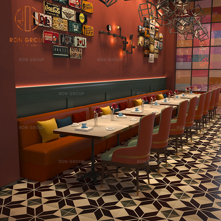 Commercial Grade Red Cafe Sofa Banquette with Marble Tables and Chairs Modern Restaurant Furniture Package