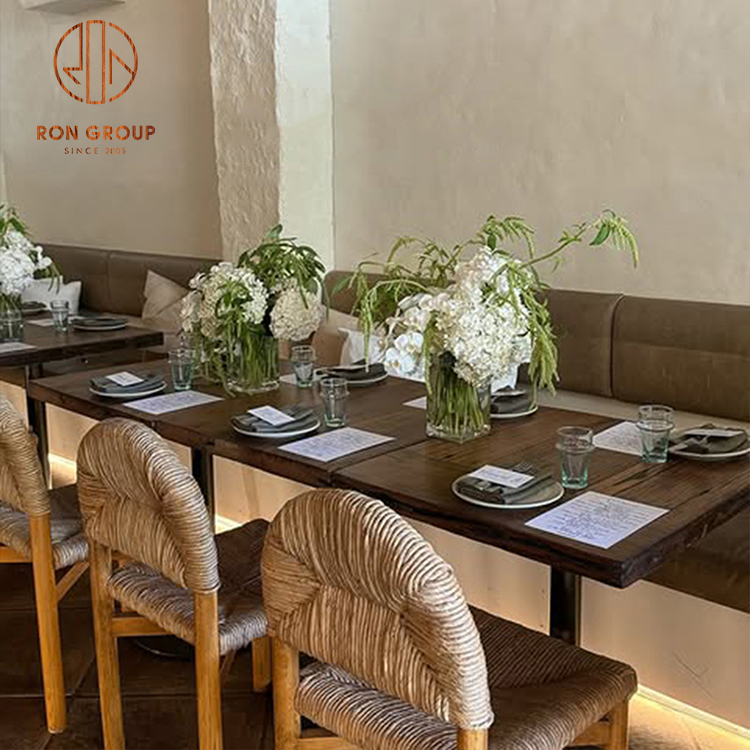 Commercial Rattan Furniture Light Wood Square Tables  Brown Frame Woven Seat Chairs for Restaurant