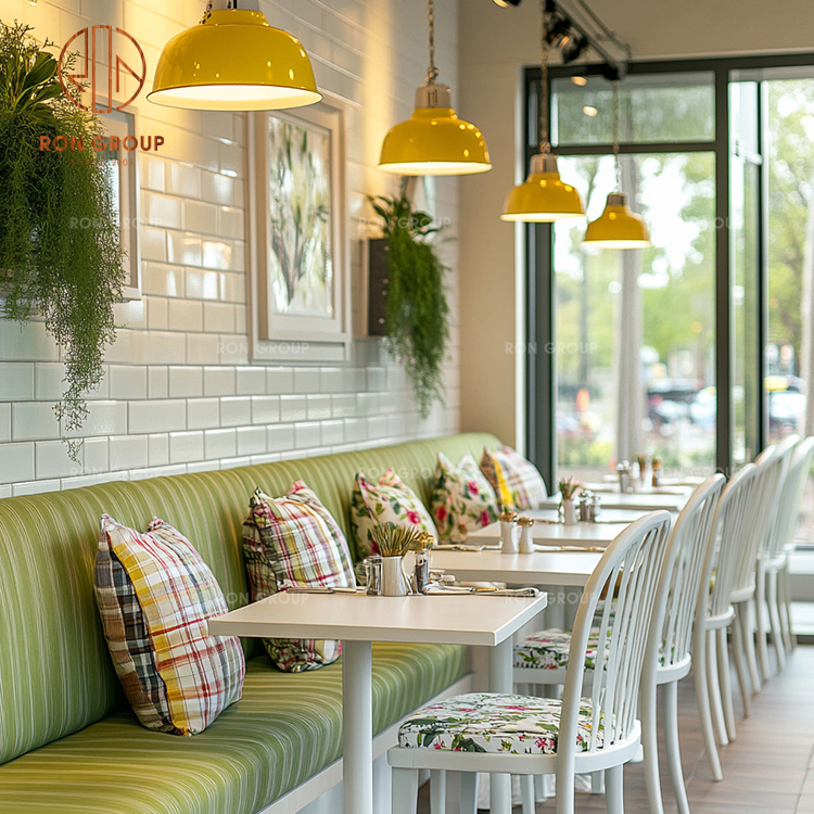 Green Fabric Booth Seating with Square Tables and Cafe Chairs for Restaurant