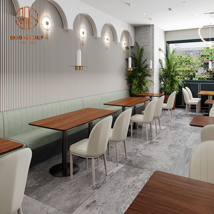 Commercial Wholesale Customizable  Hotel Cafe Booth Seating Dining Wooden Table and Chair Set with Metal Frame for Restaurant