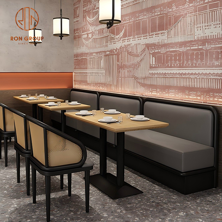 Modern Restaurant Booth Seating Set with Grey Leather Sofa, Wood Tables and Rattan Chairs