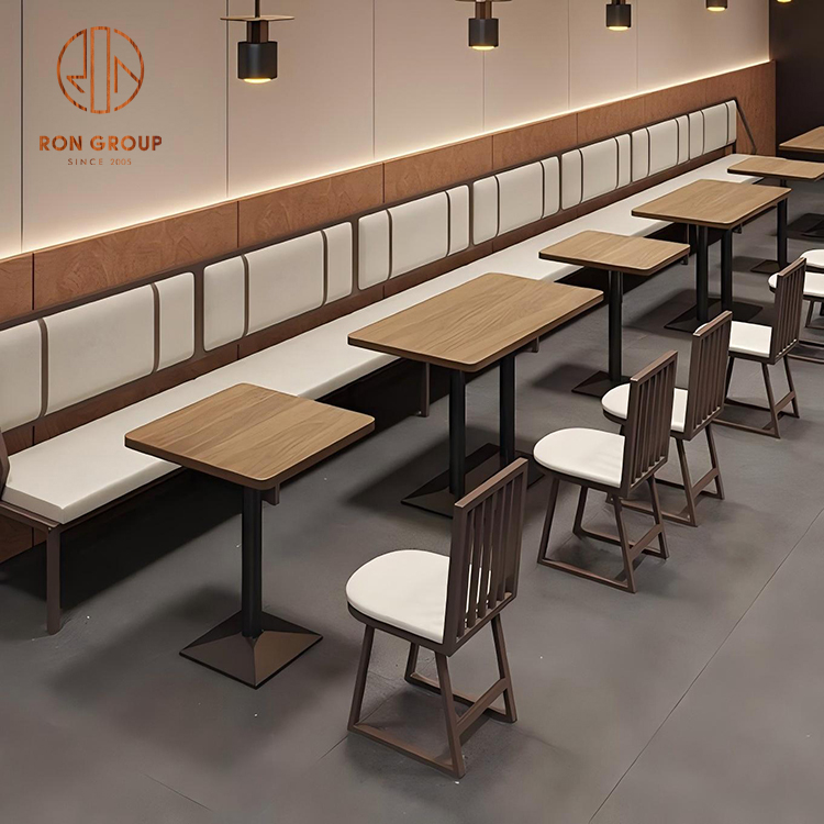 Industrial Modern Cafe Furniture Set: Walnut Wood Dining Tables, Leather Wall-Bench Seating & Slim Frame Chairs