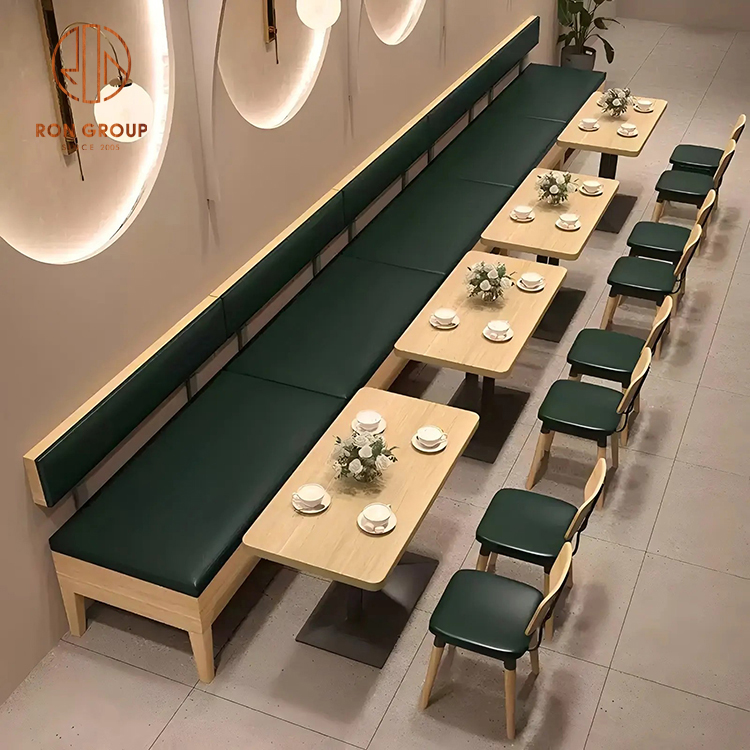 Nordic Cafe Booth Seating Set with Green Upholstered Bench and Wooden Tables