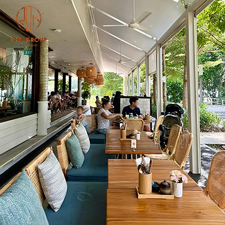 Restaurant Wood Tables with Teal Cushion Benches: Casual Dining Sets for Cafes, Bistros & Hotel Lounges Commercial Booth